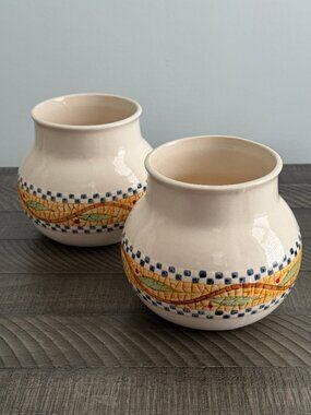 Vintage Ceramic Vases Cream Tone with Multi-Color Design | Pot to Store Utensils